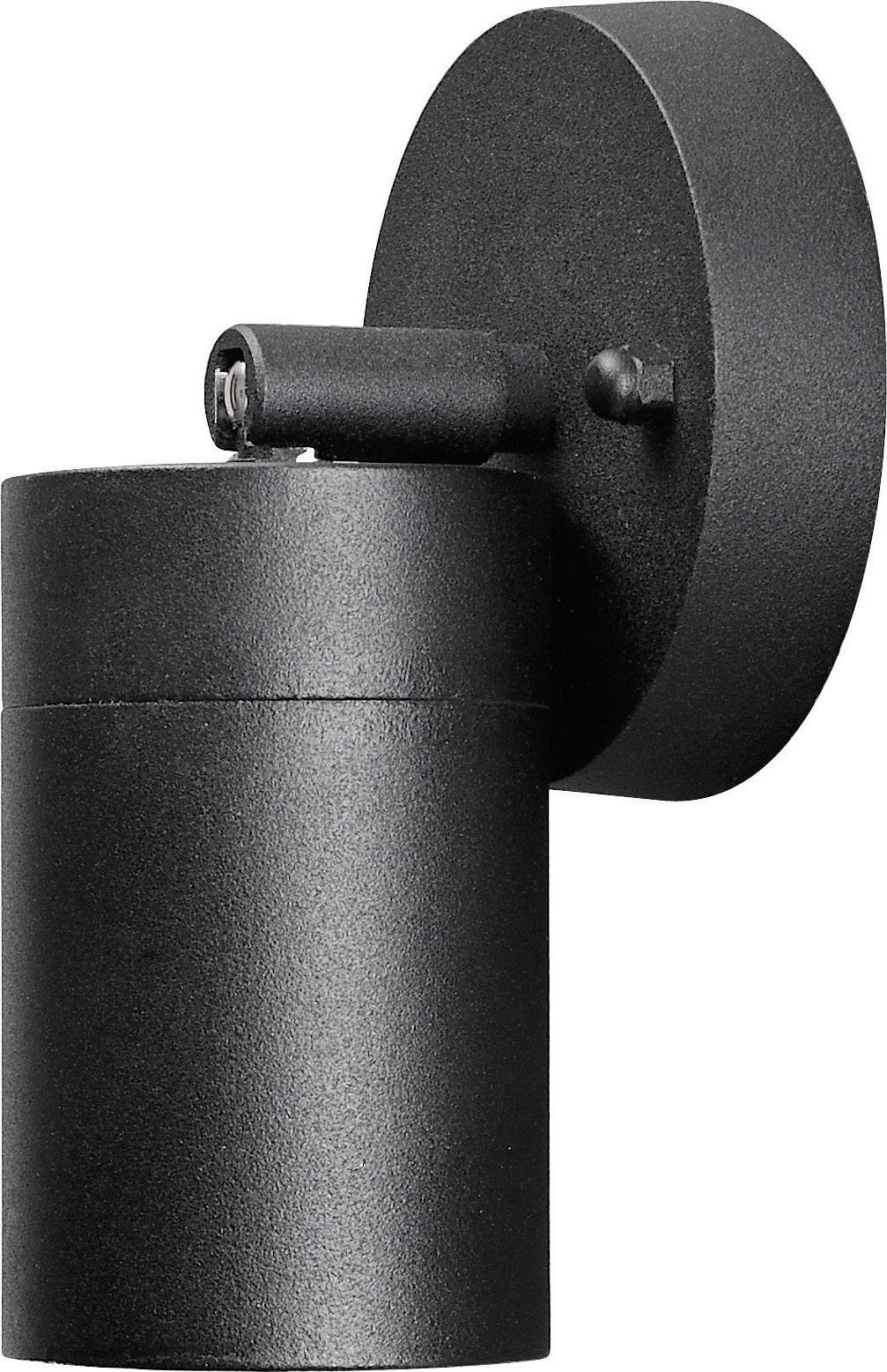 Black cylindrical outdoor wall light with a simple, modern design. Suitable for illuminating exterior areas.