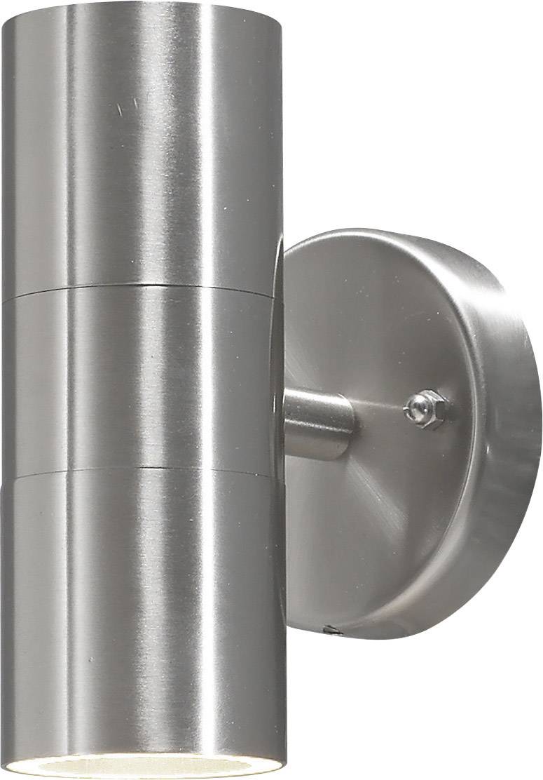 A modern wall light made of brushed metal with a cylindrical design, mounted on a round bracket.
