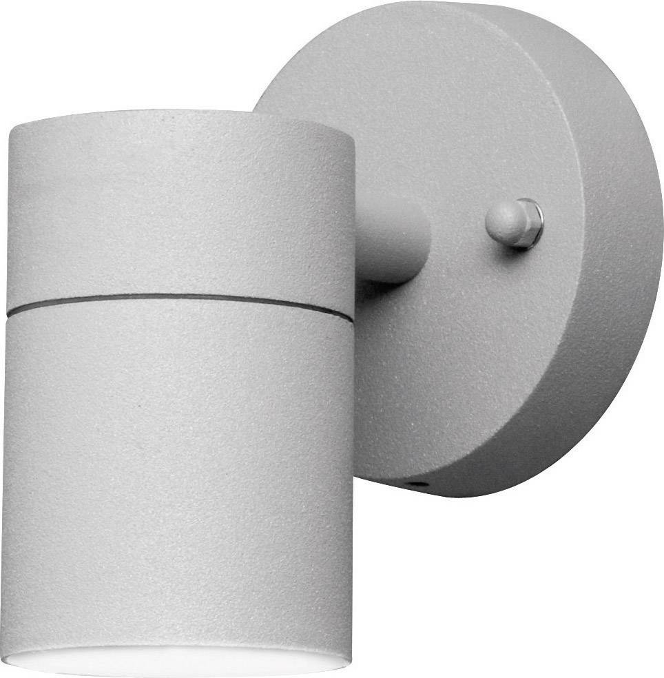 Grey, cylindrical exterior wall light with a modern design, suitable for illuminating entrance areas or facades.