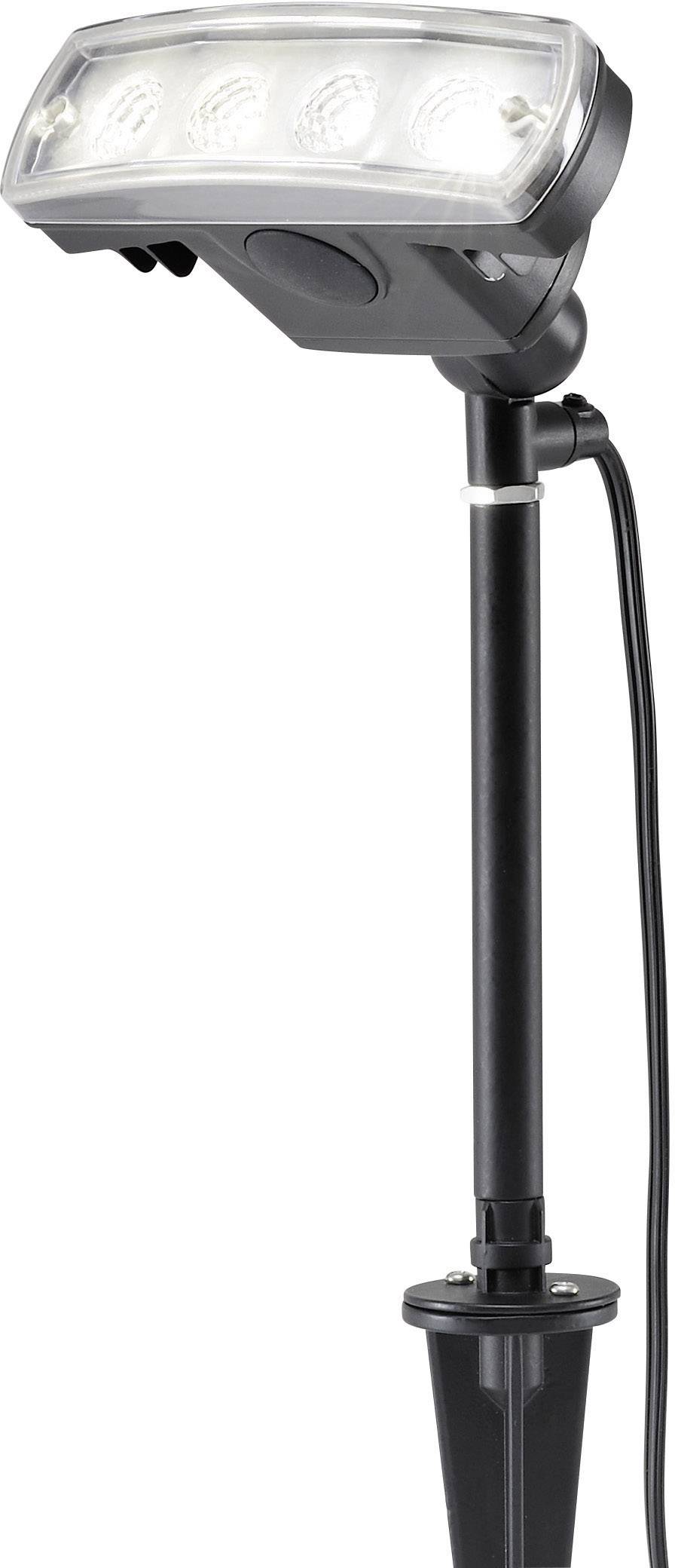 A black and silver outdoor lamp with an adjustable stand and ground spike for illuminating garden areas.