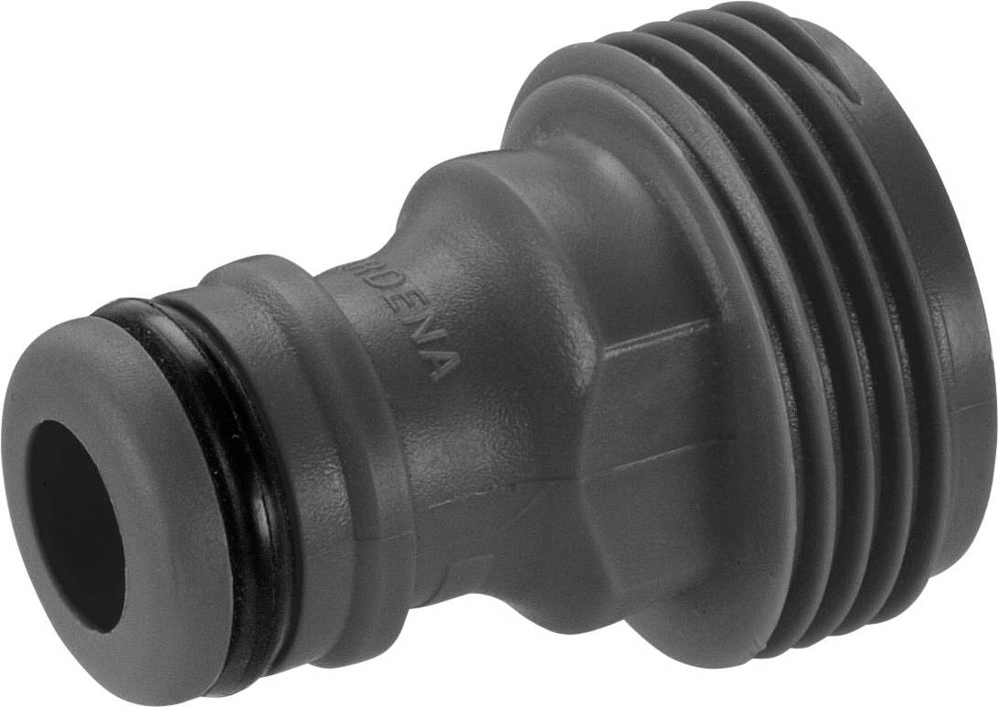 A grey plastic hose coupling with a threaded end on one side and a rubber seal on the other side, for garden irrigation.