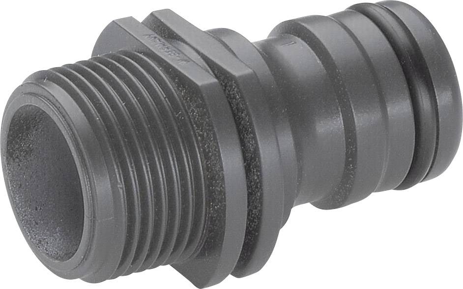 Plastic hose adaptor with external thread, black, cylindrical shape, groove for secure grip, used in water systems.