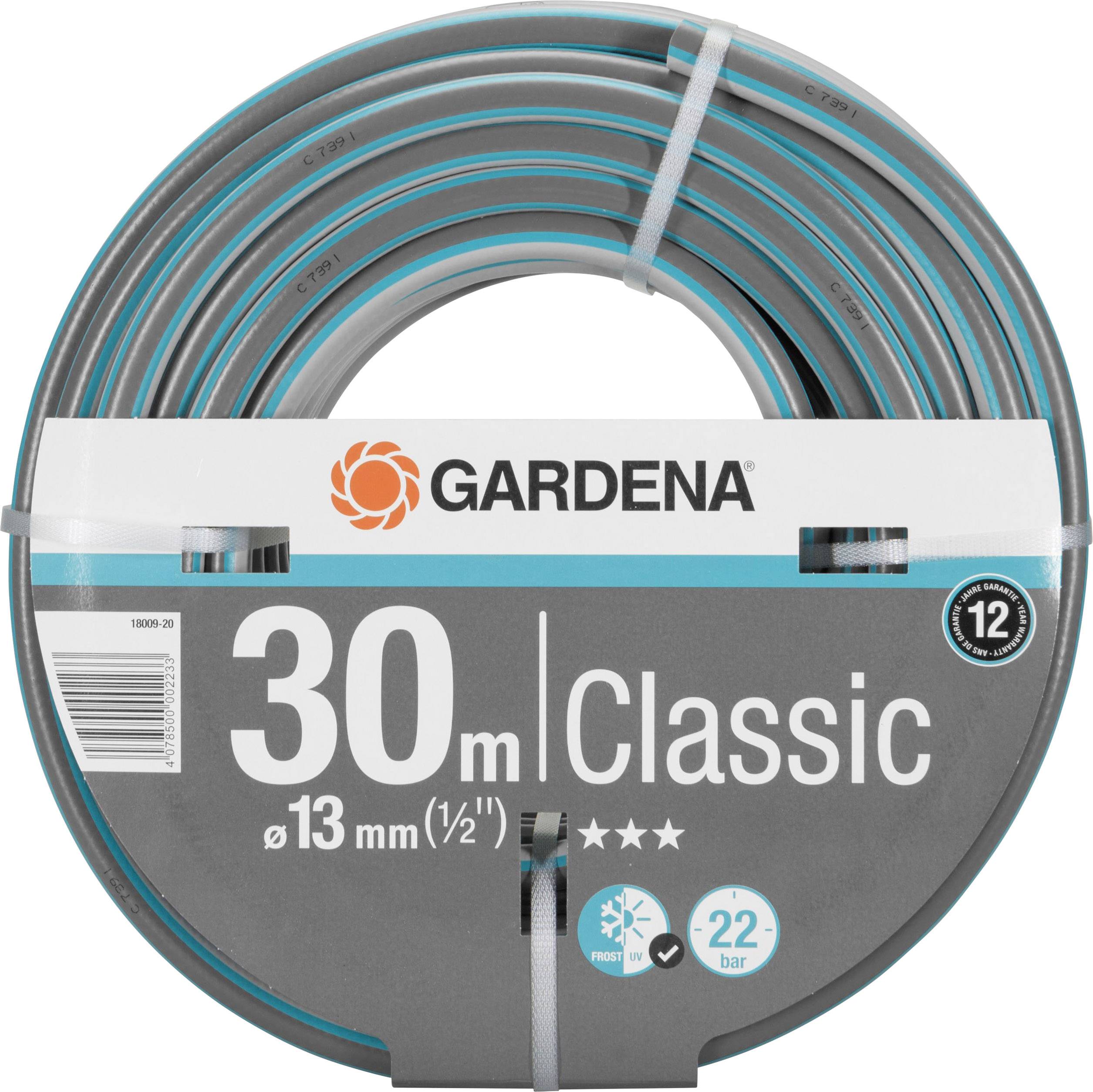 Garden Hose, Gardena brand, 'Classic' model, length 30 m, diameter 13 mm, maximum 22 bar pressure, 12-year guarantee.