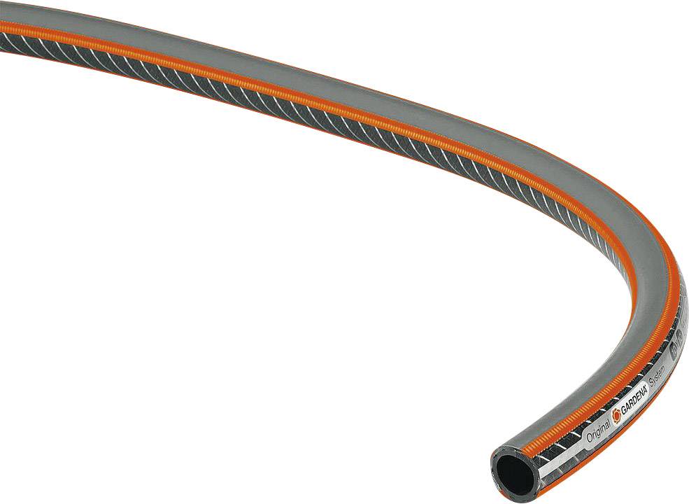 Garden hose in grey with orange stripes and logos along the side.