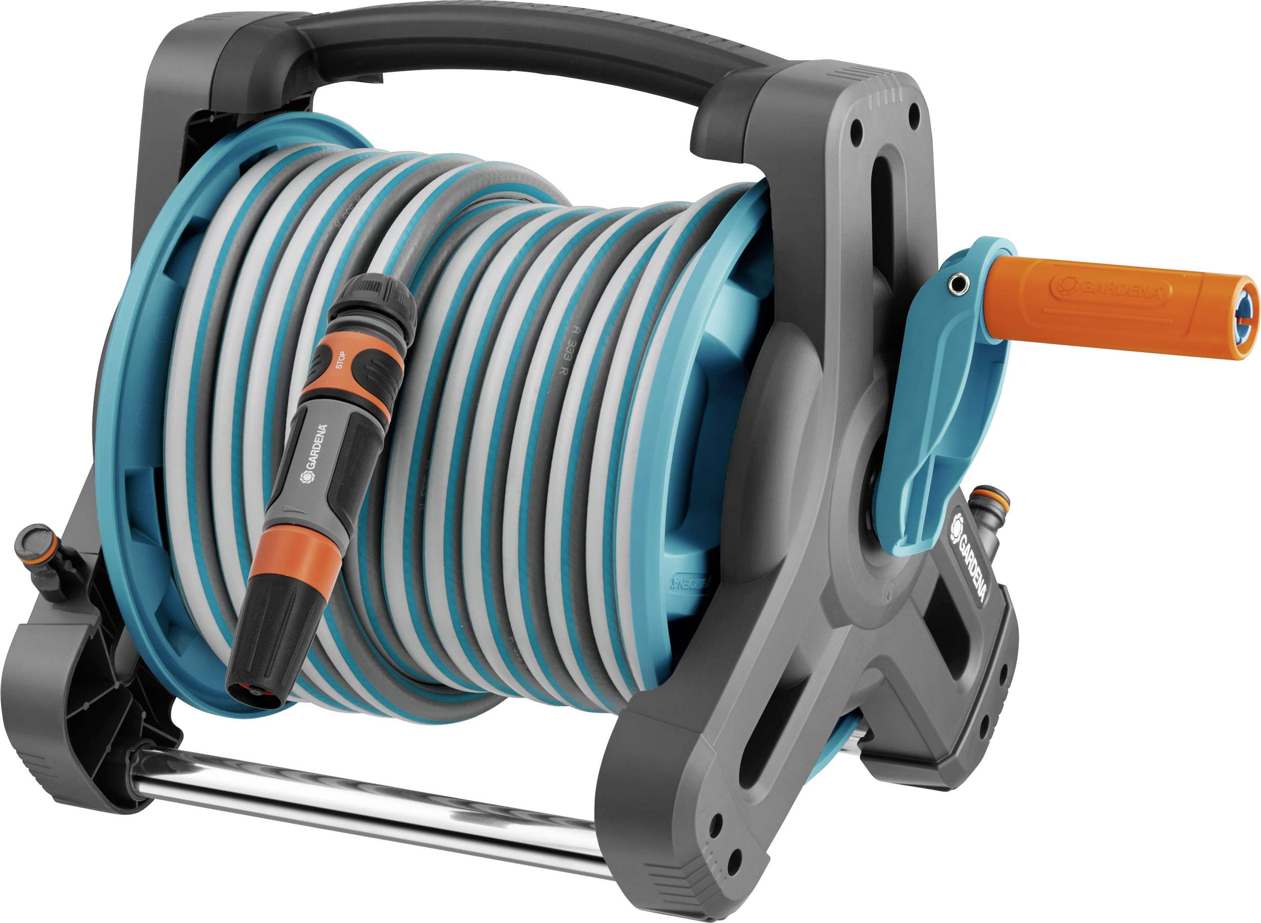 Garden hose on a portable hose reel with a crank and handle for easy watering and storage.