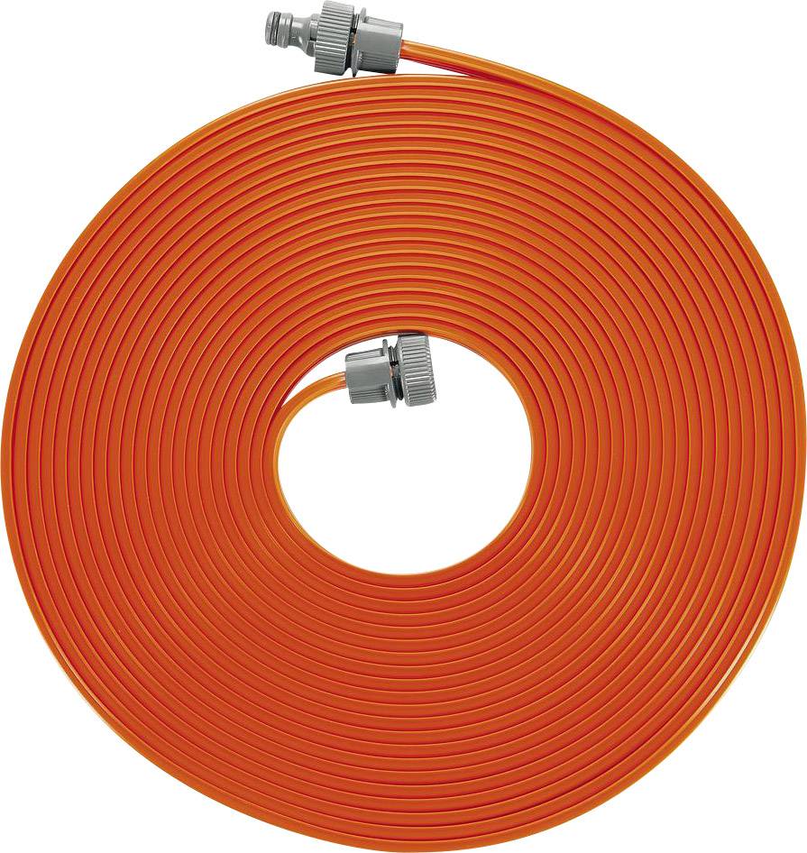 Orange, coiled garden hose with grey connector.
