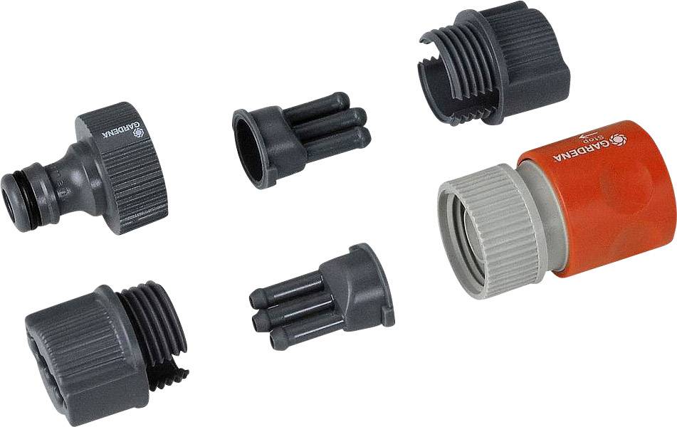 Garden hose connectors: Individual components of a click-fit system, including adapters and connecting elements, in red and grey.
