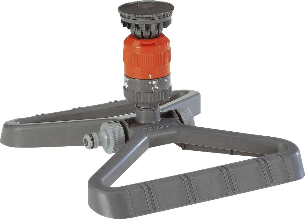 A grey lawn sprinkler with an orange dial for adjusting irrigation. Suitable for even garden watering.