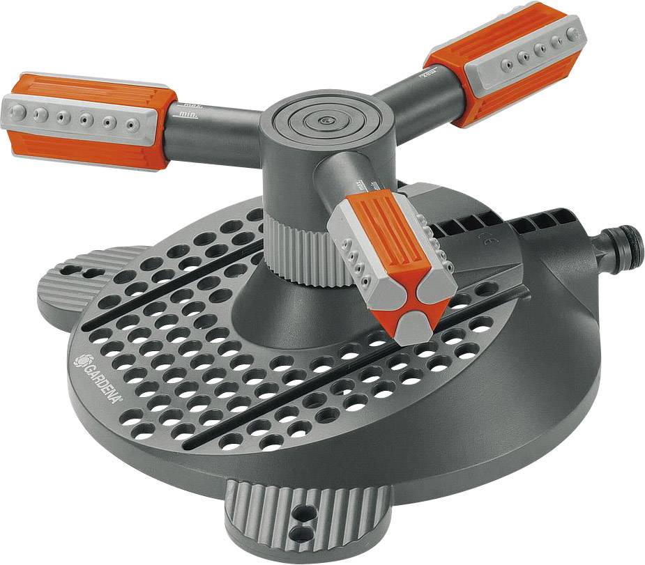 Grey lawn sprinkler with three adjustable arms and orange accents, suitable for uniform irrigation of garden areas.