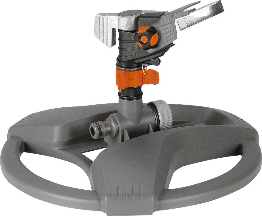 Plastic garden sprinkler on a sturdy stand, with adjustable spray direction and water volume control in black and orange.