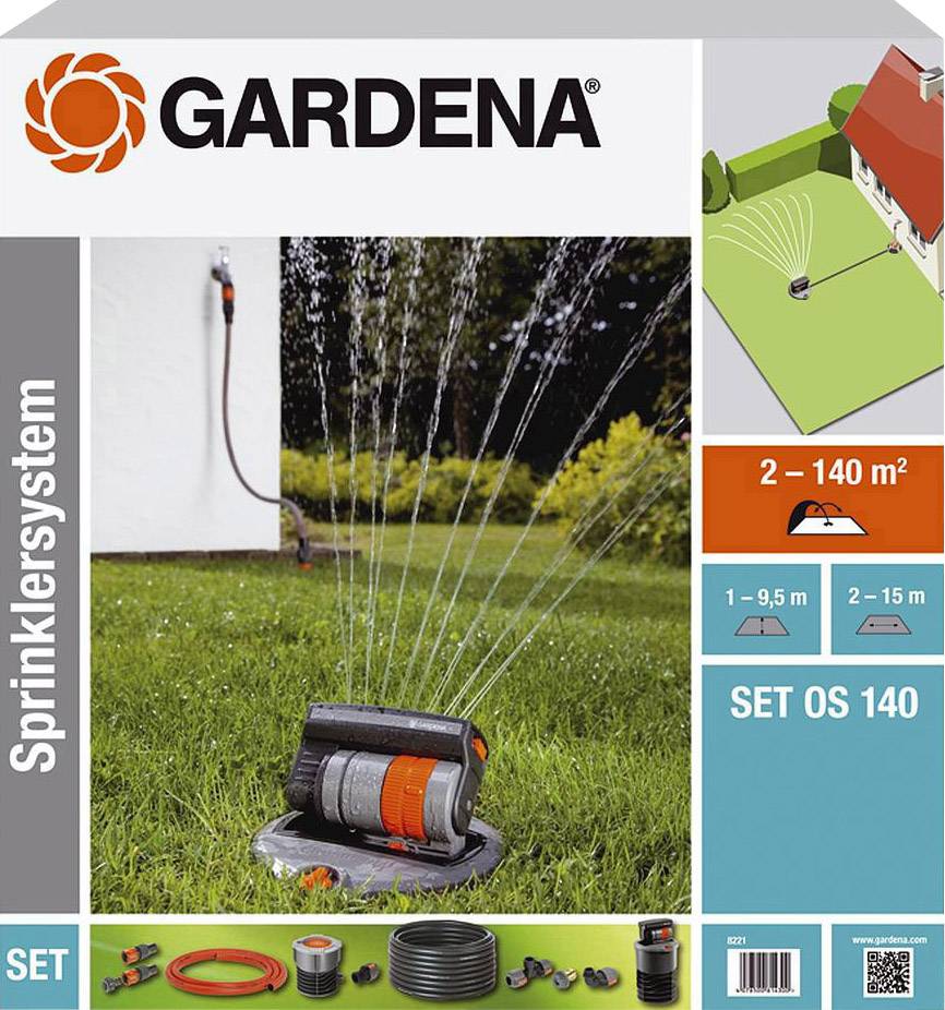 'Gardena Sprinkler System Set OS 140' for areas from 2-140 m², shows installation in the garden. Contains sprinklers, hoses and connectors.