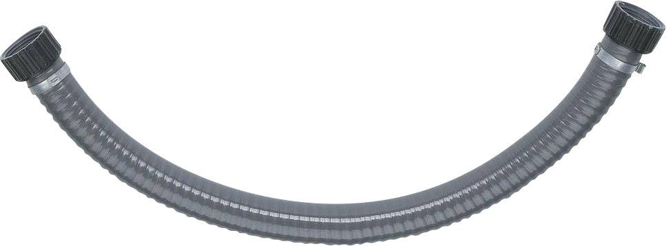 Grey, flexible corrugated hose with black threaded ends, suitable for water connections in household appliances.