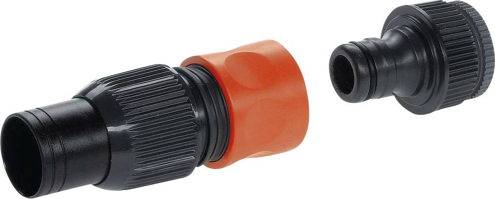 Two plastic connectors, one black with an orange handle, lying side by side, suitable for a tubing system.