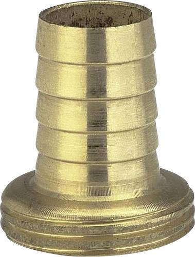 A brass-coloured hose connector with a ribbed surface for secure grip and a wide base for stability.