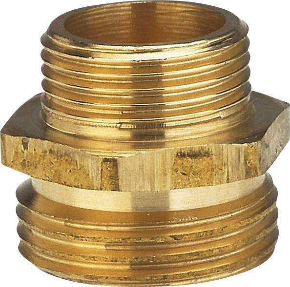 A gold-coloured brass reducing nipple with external threads on both sides. It reduces pipe diameter from larger to smaller.