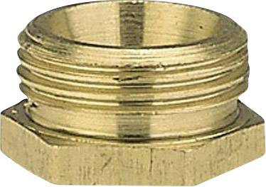 A brass threaded fitting with a hexagonal base, used for connecting pipes or hoses in plumbing applications.
