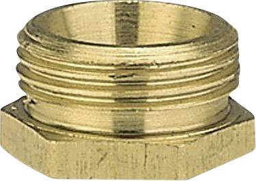 A brass-coloured, hexagonal connection adapter with external thread, suitable for connecting pipes or hoses.