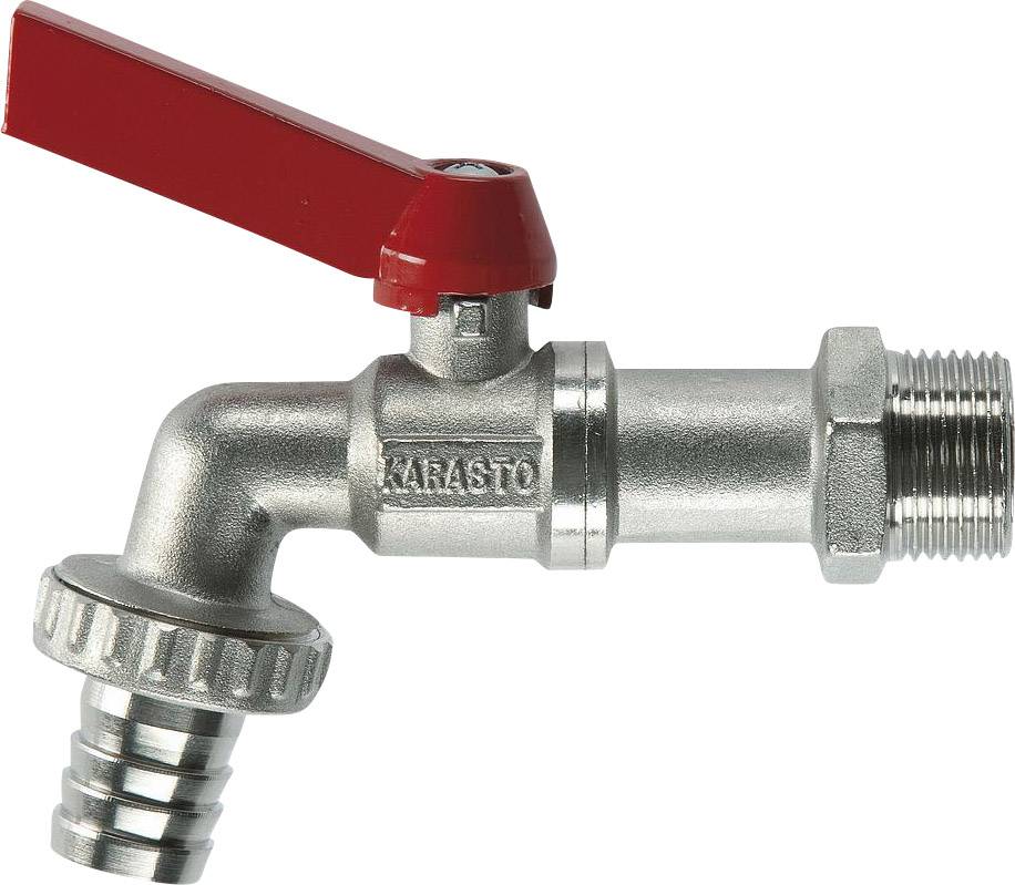 A silver tap with a red lever handle and threaded connection, suitable for garden hoses.