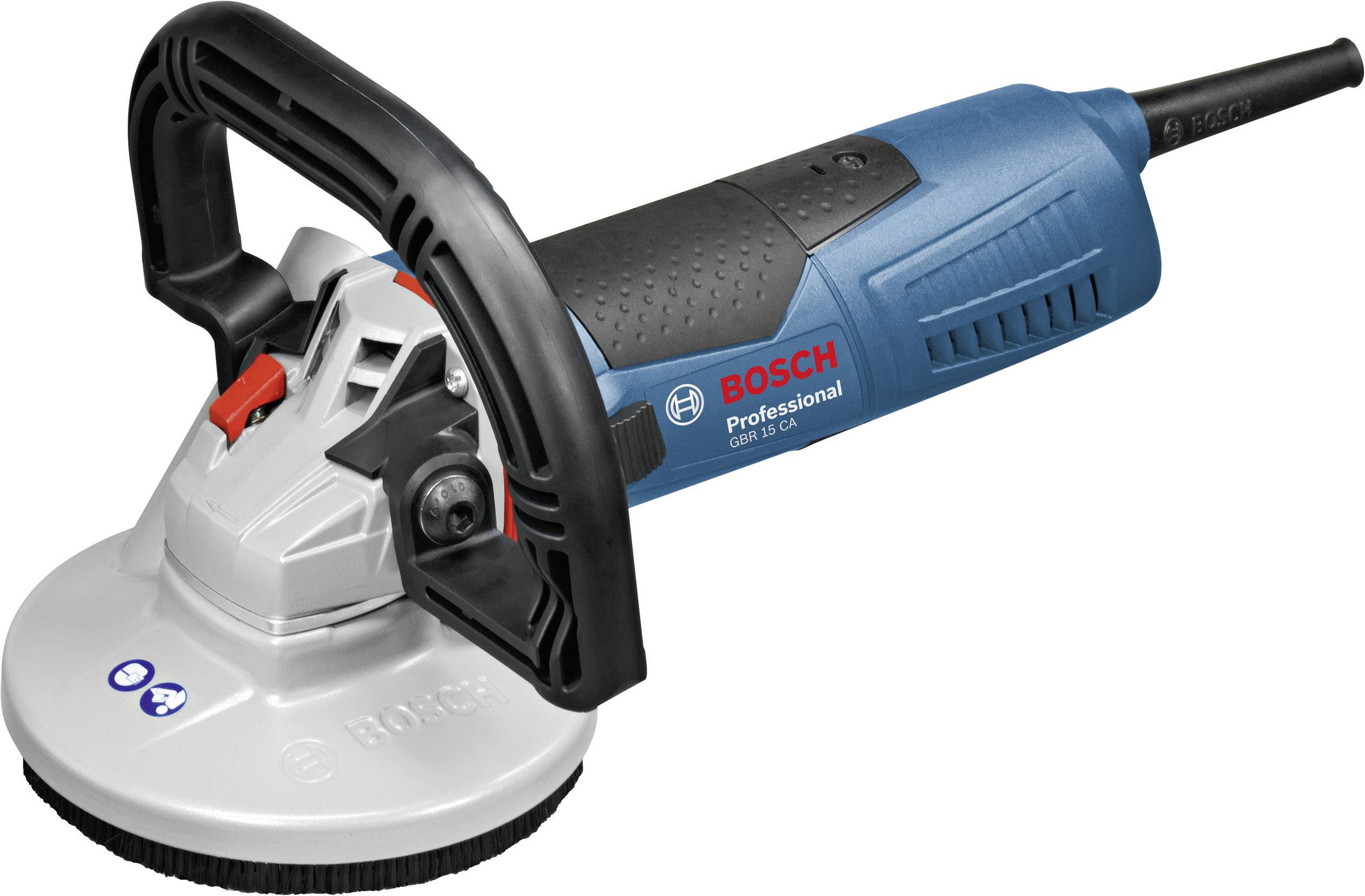 Bosch Professional angle grinder, with a blue-grey housing, black handle, and red-black switch, resting on a light background.