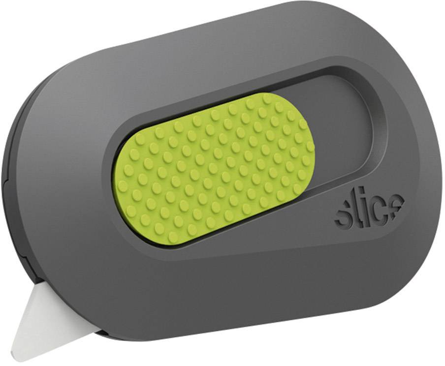 Small, grey safety capsule opener with a green non-slip surface and a protruding white ceramic blade.