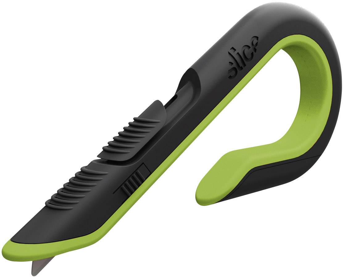 A safety knife with a curved shape, black handle and green accent colour. Suitable for quick and safe cutting.