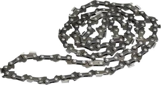 A metal chainsaw chain lies in a loose spiral on a white background.