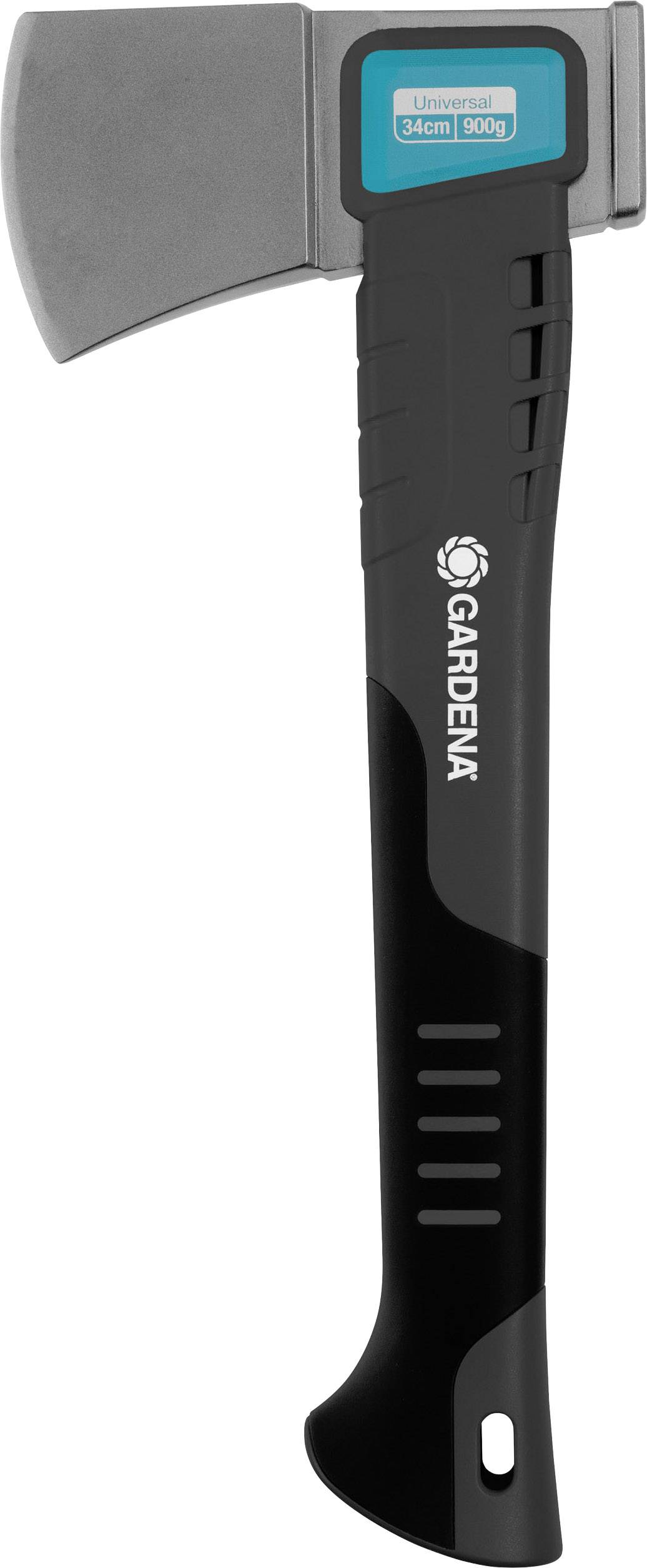 Black and silver axe by Gardena, 36 cm long, 900 g in weight, with a plastic handle and metal cutting edge.