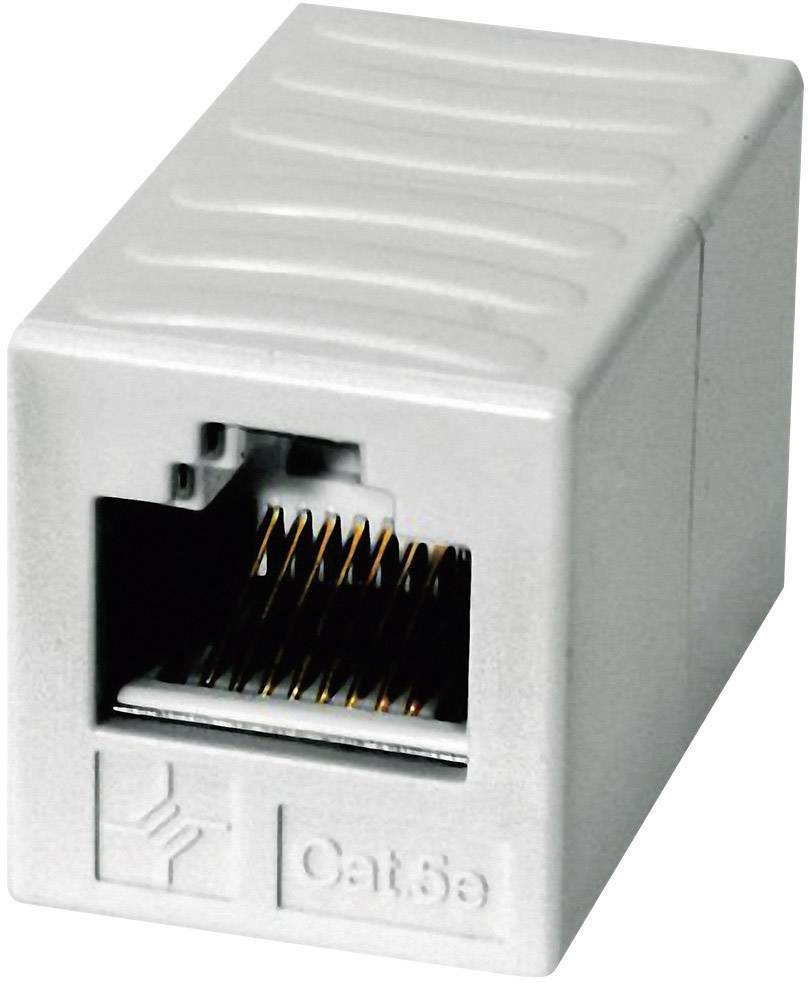 A grey Ethernet coupling adapter with RJ45 socket. Labelled 'Cat5e' for network cable connections.