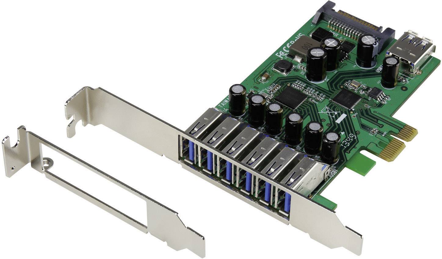 A green PCIe expansion card with six USB 3.0 ports and multiple capacitors. Alongside it lies a metal mounting bracket.
