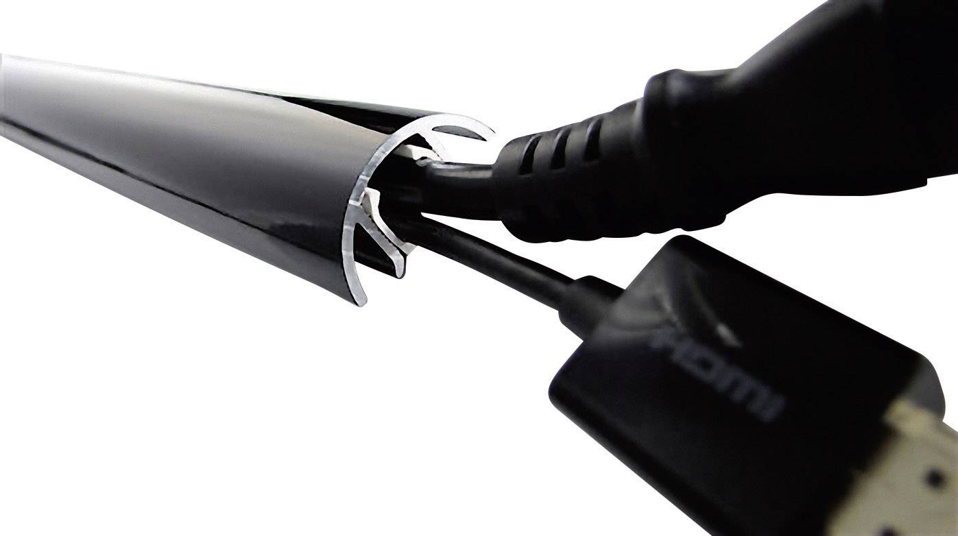 An HDMI cable is inserted into a sleek, glossy cable management system that neatly bundles the cables.