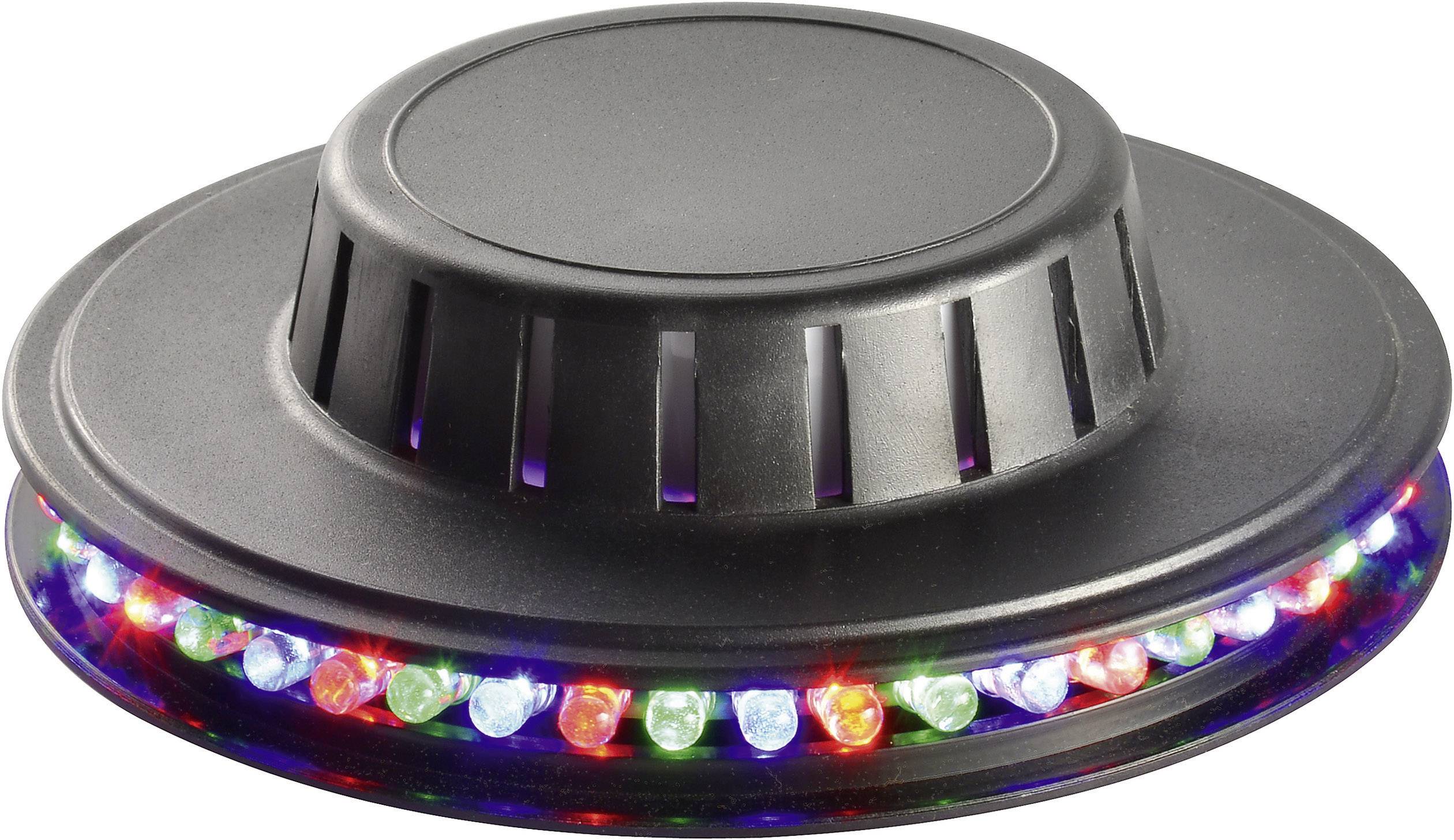 Black plastic base with round LEDs in red, green and blue around the edge, reminiscent of a UFO toy.