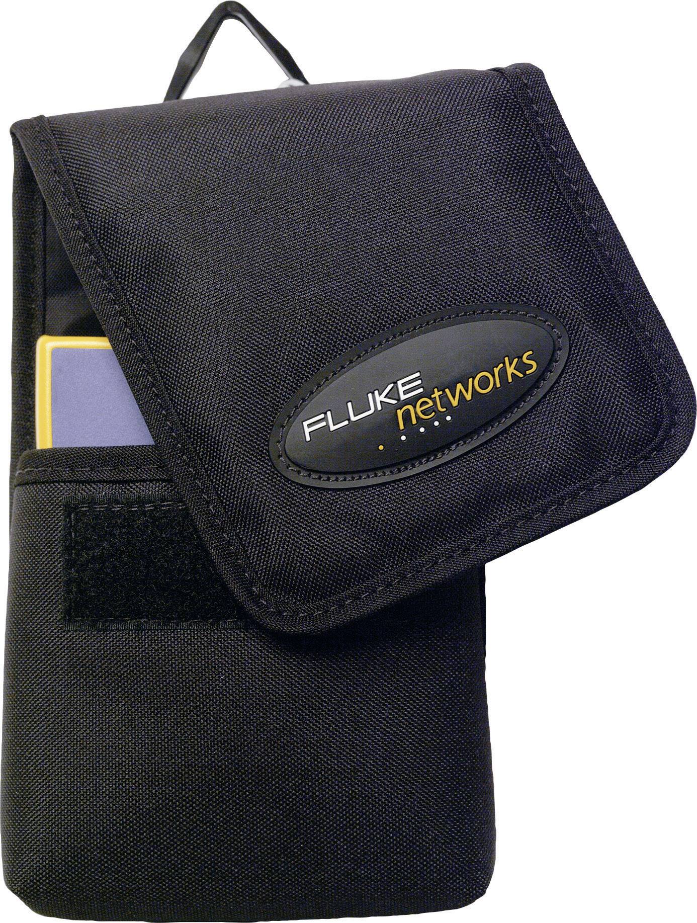 A black bag with a hook and loop fastener, partially showing a Fluke Networks tool.