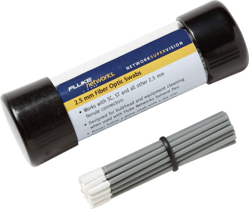 Container with 2.5 mm glass fibre cleaning swabs and separate grey sticks, suitable for SC, ST and other connectors.