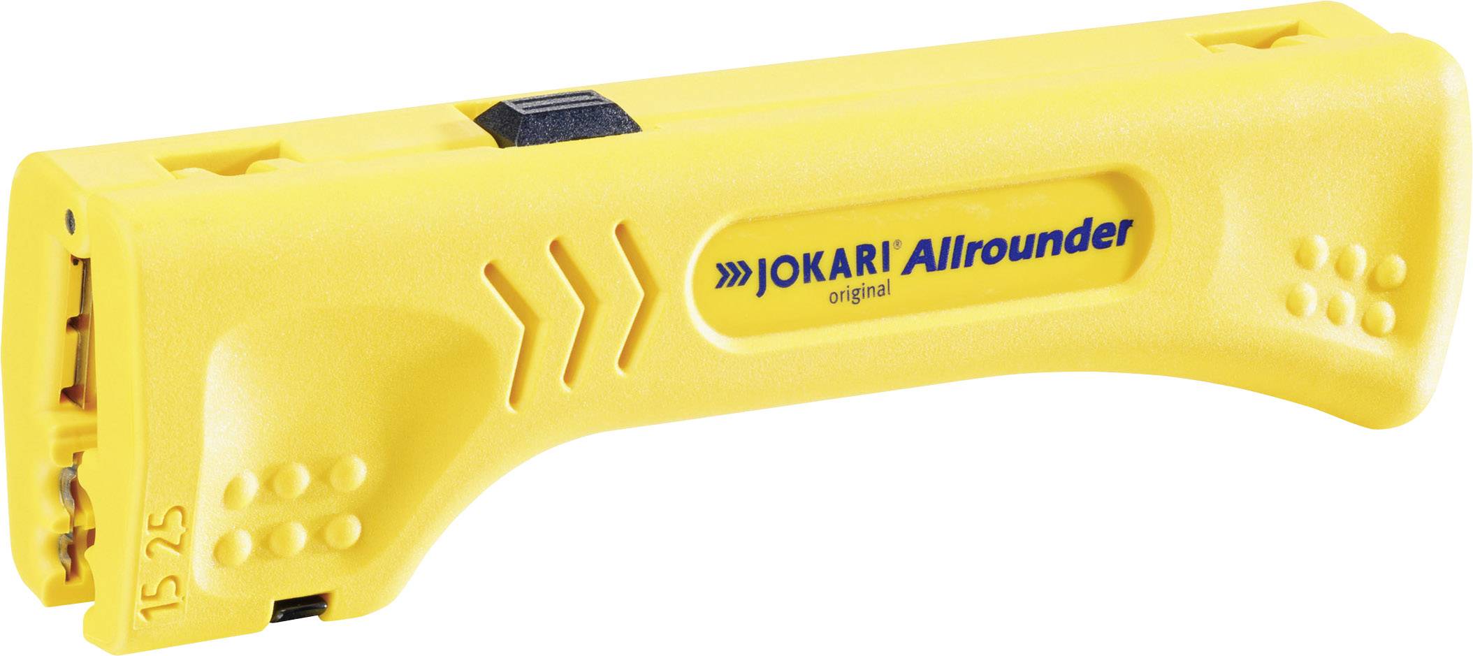 A yellow wire stripping tool with the inscription 'Jokari Allrounder', suitable for stripping cables of various sizes.