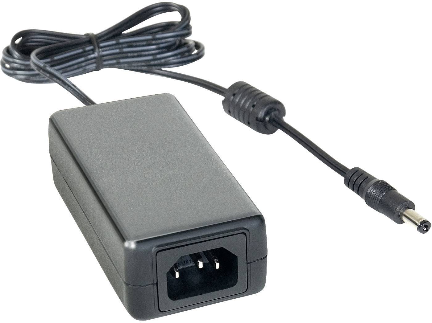 Black power supply with cable and plug. Suitable for powering electronic devices.