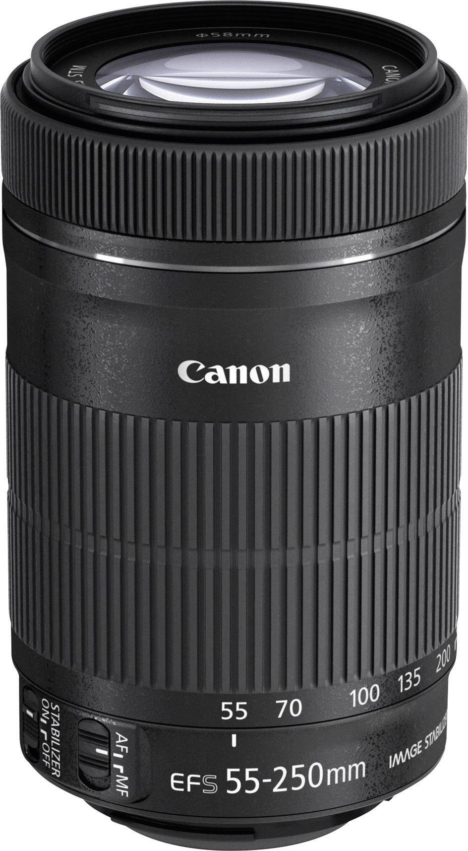 Canon EF-S 55-250mm Lens, black, telephoto zoom with image stabilisation, suitable for Canon DSLR cameras, versatile.