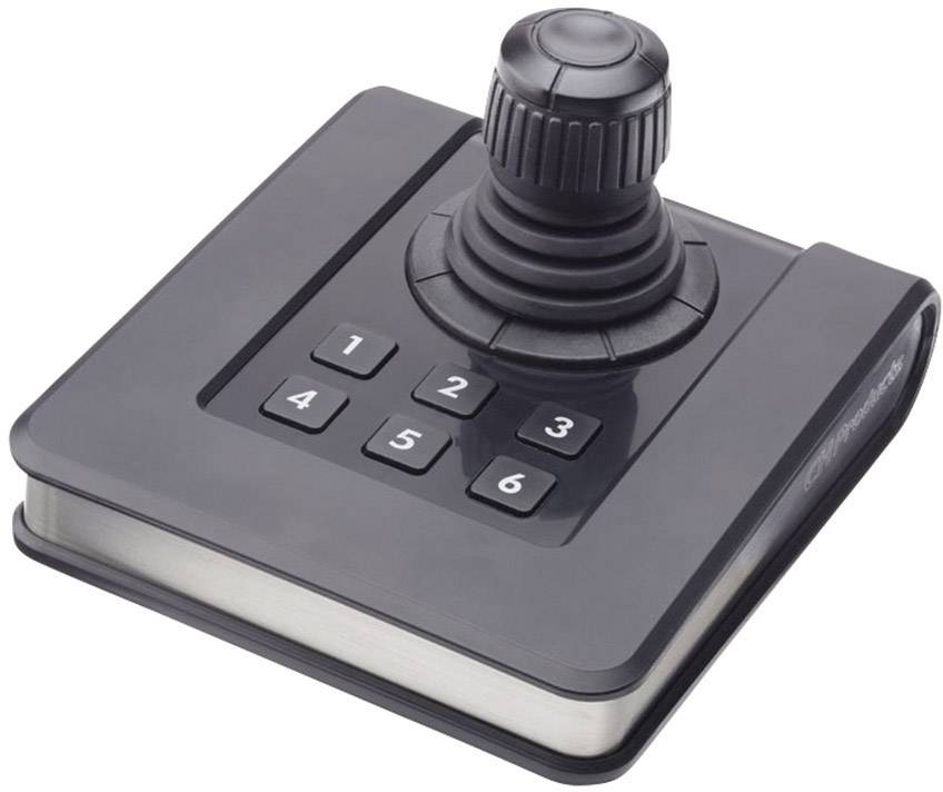 A black joystick with six numbered buttons (1-6) on a rectangular base. Primary control device for gaming or navigation.
