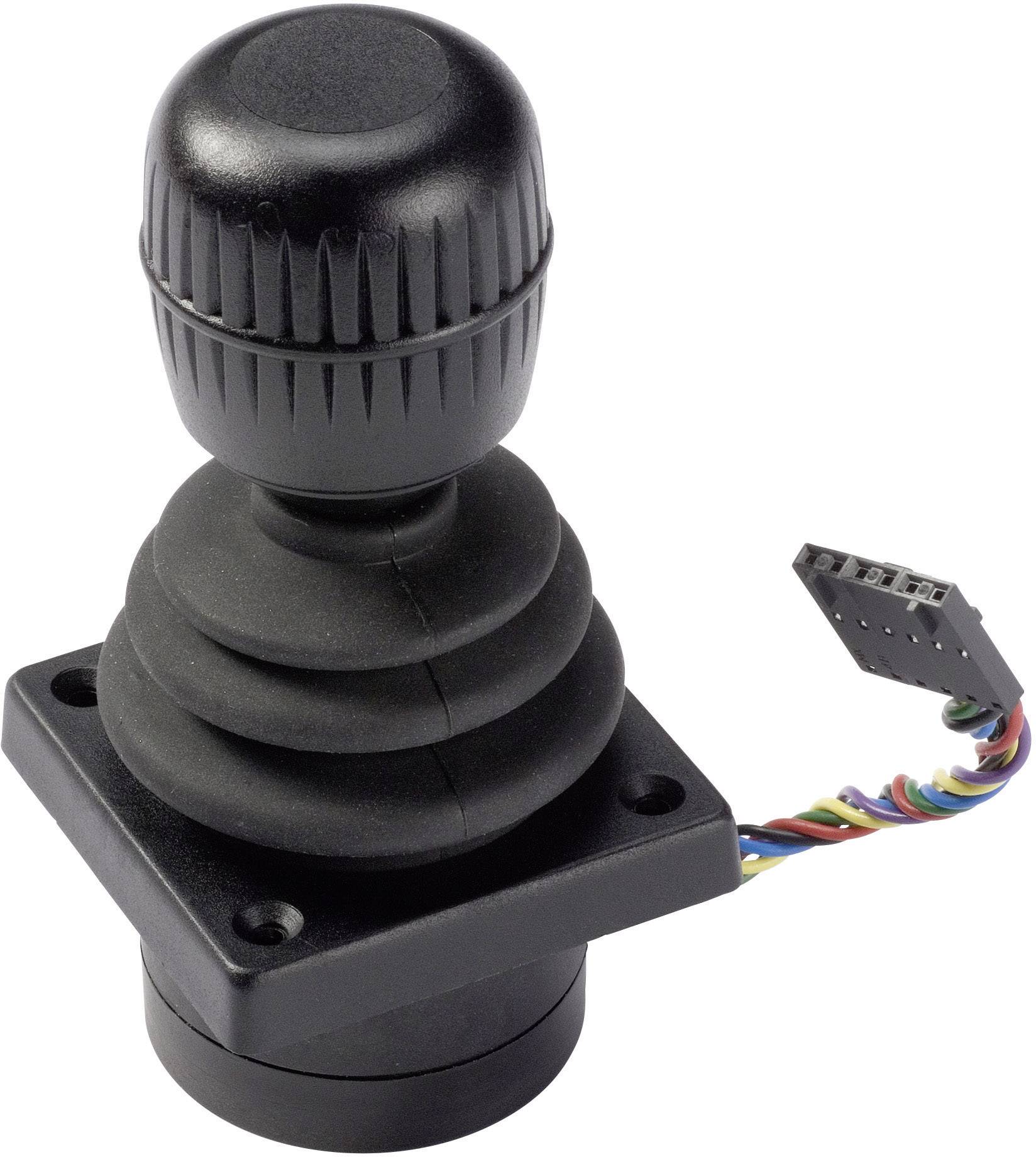 A black joystick with a knurled grip and four-colour cable connection, likely for industrial or technical controls.