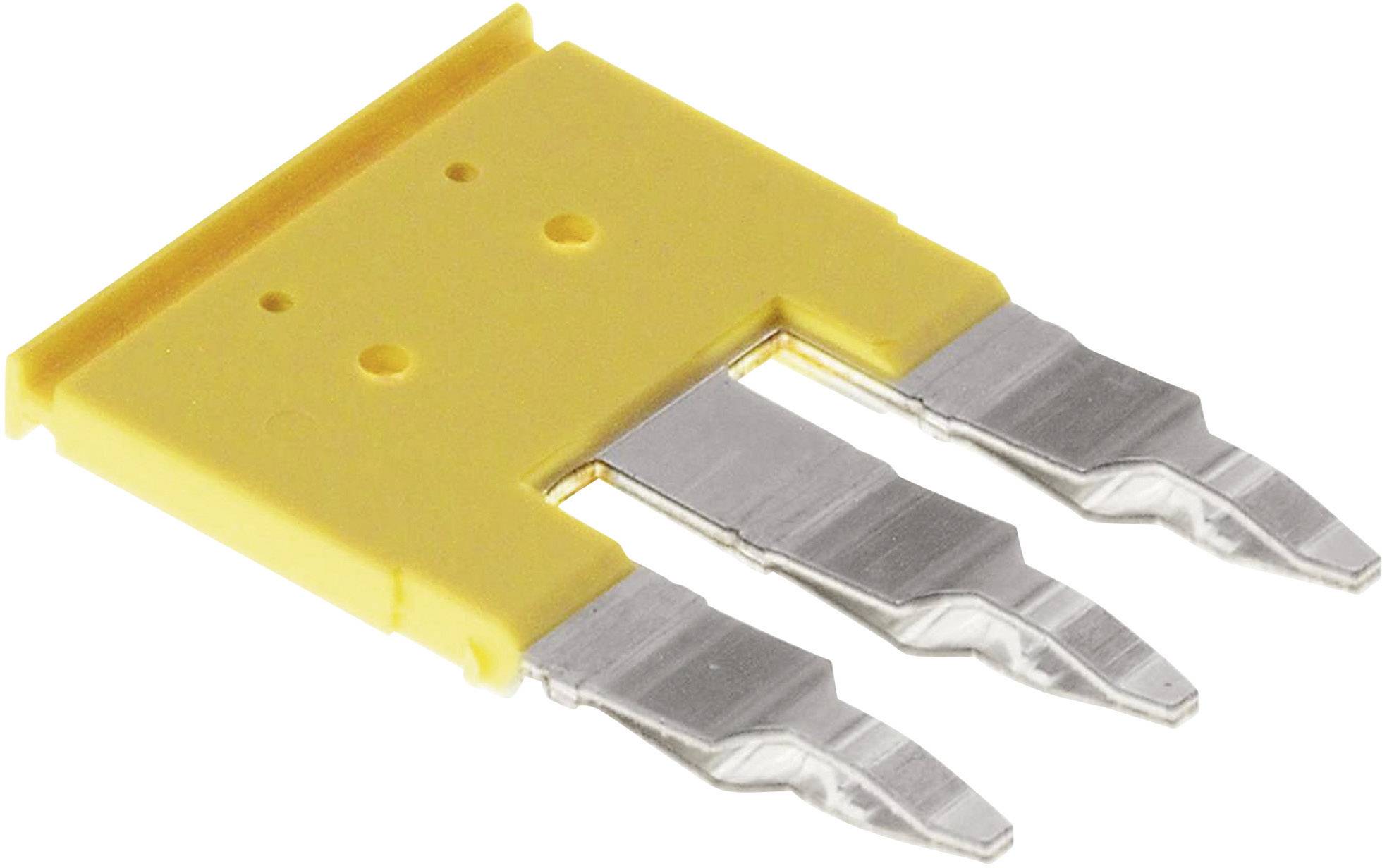 Yellow flat fuse with three metal tabs, typical for electrical protection in automotive applications.