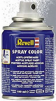 Spray can with blue and white label from the Revell 'Spray Color' brand. Contains acrylic paint. Spray nozzle open, fine spray mist visible.