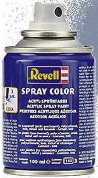 A spray can with the label 'Revell Spray Colour', acrylic paint. The can is predominantly blue with white lettering.
