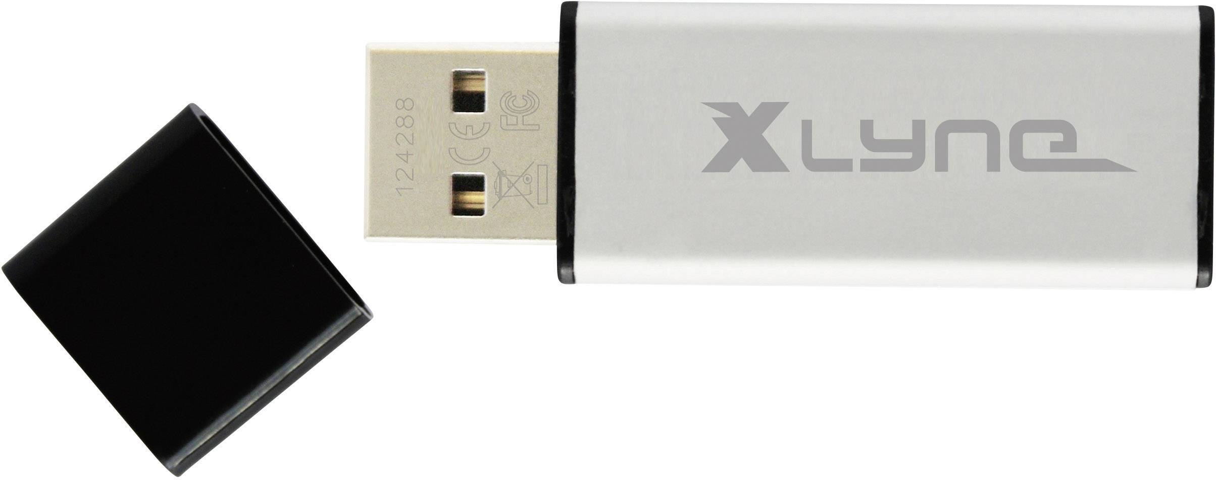 USB drive with removed cap, silver casing with black cap, side view, brand name 'Xlyne' visible.