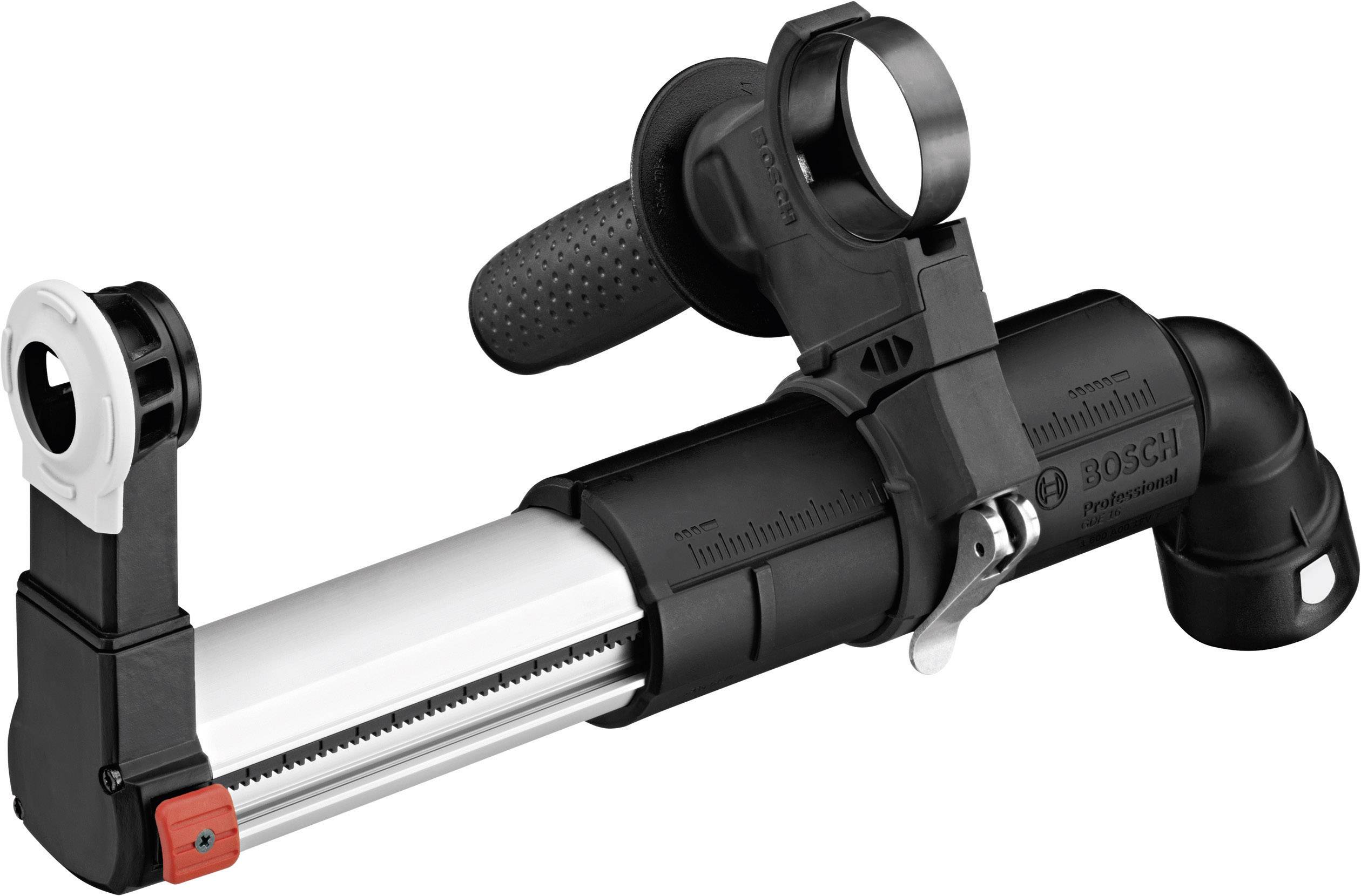 Vacuum cleaner adapter for drill dust extraction with mounting clamp and handle. Black and silver design, Bosch logo.