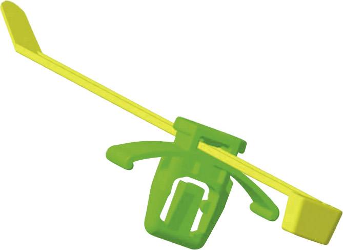 A yellow, elongated lever with a green clip in the middle, possibly a connection or fastening mechanism.