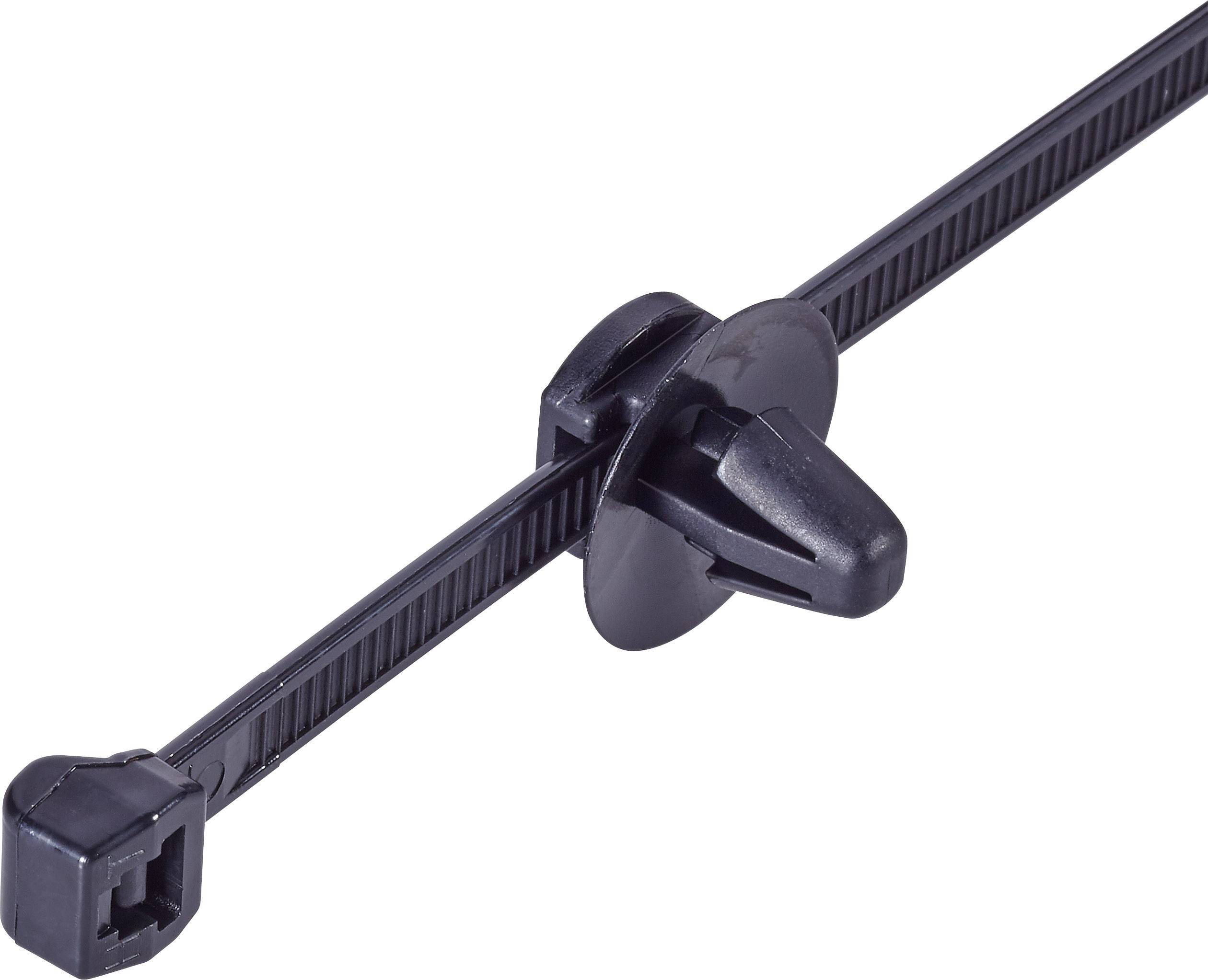 A black cable tie with a mounting clip and flat holding device, suitable for securing and organising cables.