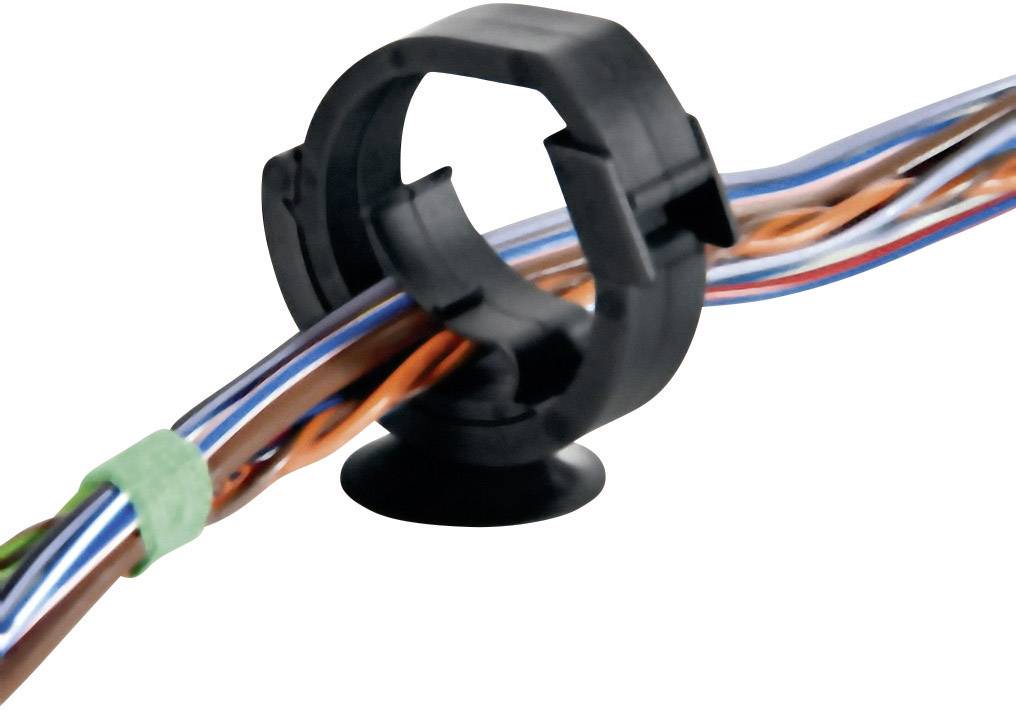 Close-up of a cable bundle secured by a black clip with a suction cup.