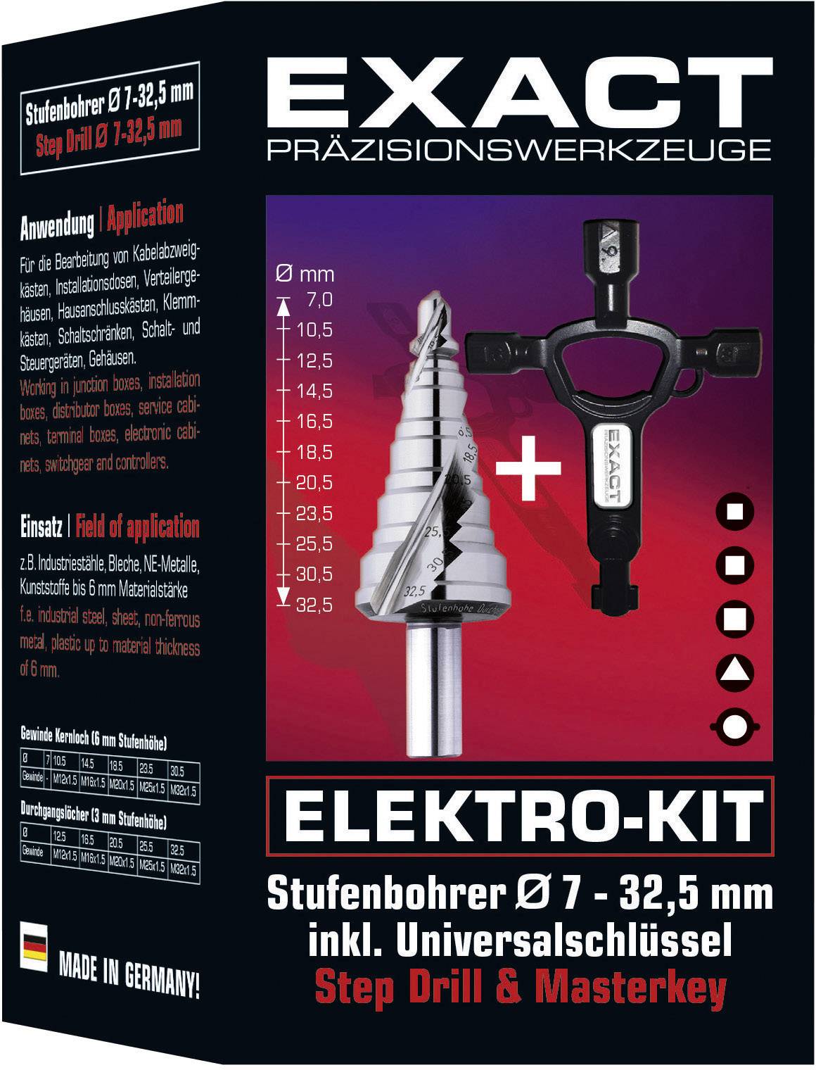 'EXACT' Electrical Kit Packaging; contains a stepped drill bit Ø 7-32.5 mm and a universal key. Country of manufacture: Germany.