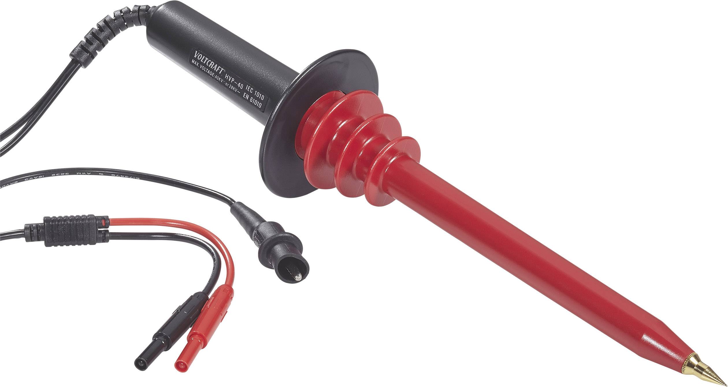 A red voltage tester with a black handle and two test probes, used for measuring electrical voltages.