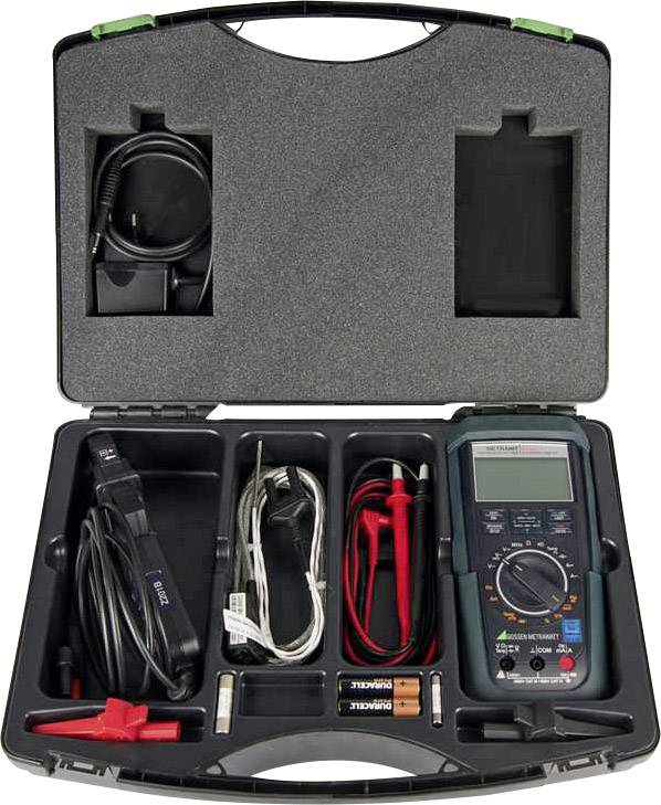 Portable digital multimeter case with accessories: cables, probes, batteries. Used for electrical measurement and fault diagnosis.
