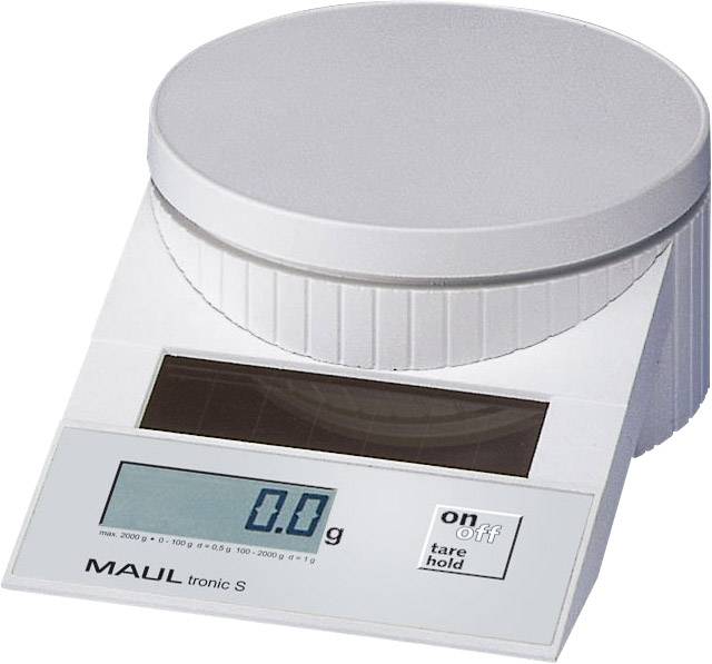 Digital kitchen scales in silver and white with a large display, showing '0.0 g'. On/Off and Tare/Hold buttons are visible.